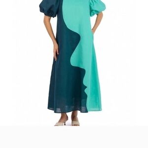 CROSBY by Mollie Burch Asymmetrical Teal and Navy  Linen Dress